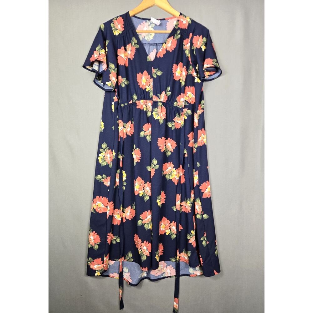 Ingrid Isabel Maternity Dress Blue Pink Floral Tie Back Boho Cottagecore Size M
